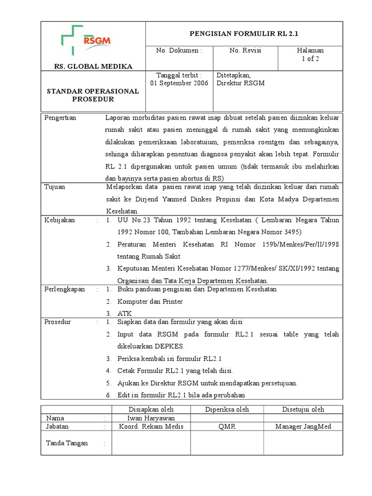 Prosedur Pengisian Formulir RL 2.1 | PDF