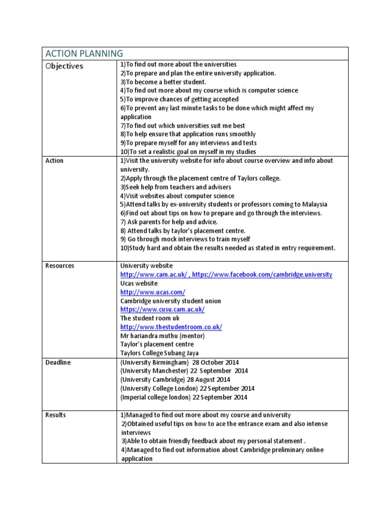 University Application Action Plan | PDF | Career & Growth