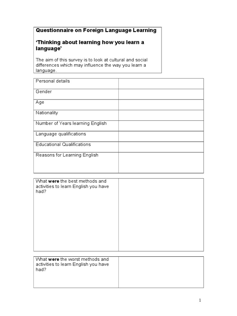 Questionnaire On Foreign Language Learning | PDF | Language Education ...