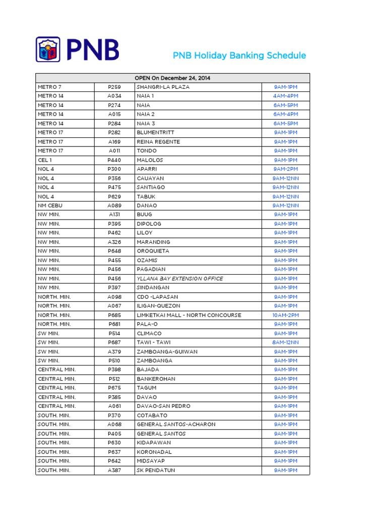 PNB Holiday Banking Schedule PDF Philippines