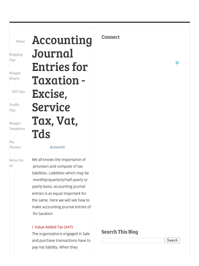 Accounting Journal Entries for Taxation Excise, Service Tax, Vat, Tds