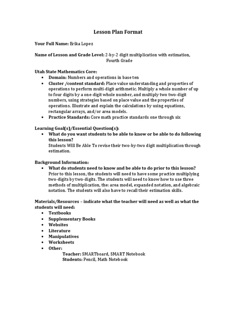 4th Grade Multiplication Lesson Plan | PDF | Lesson Plan | Multiplication