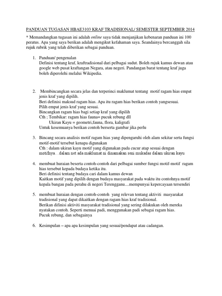 Panduan Tugasan Hbae3103 Kraf Tradisional Pdf