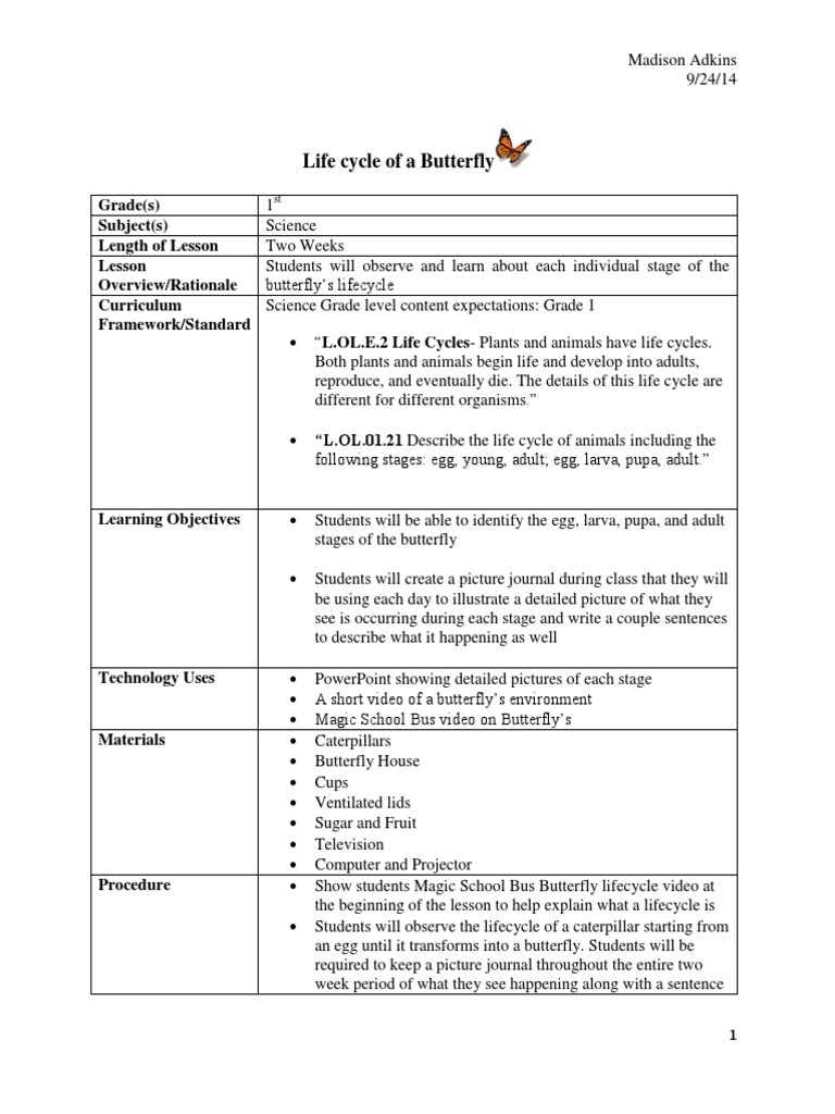 Butterfly Life Cycle Lesson Plan | PDF | Butterfly | Cognition