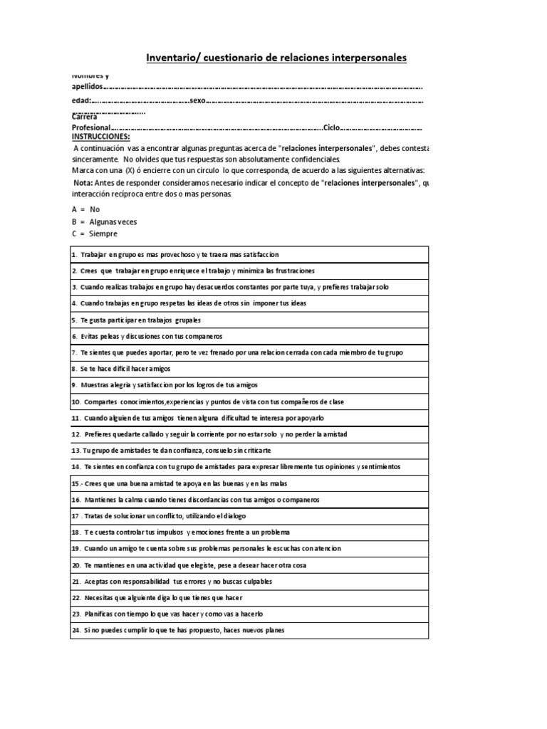 Cuestionario de Relaciones Interpersonales | PDF | Drogas | Conflicto ...