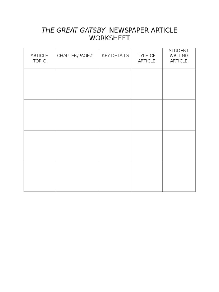 worksheet The Great Gatsby Worksheets the great gatsby newspaper article worksheet f scott fitzgerald zelda fitzgerald
