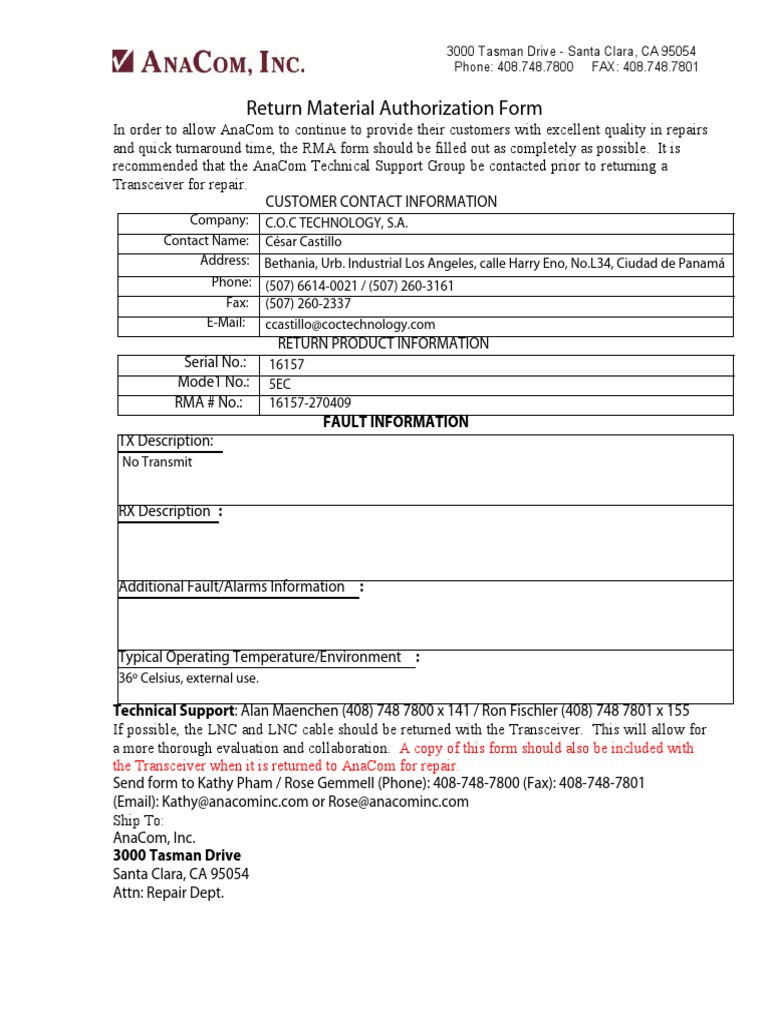 AnaCom RMA Form Instructions | PDF