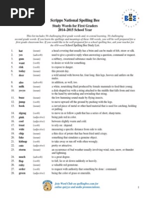 National Spelling Bee Study Words Pdf Verb Adjective