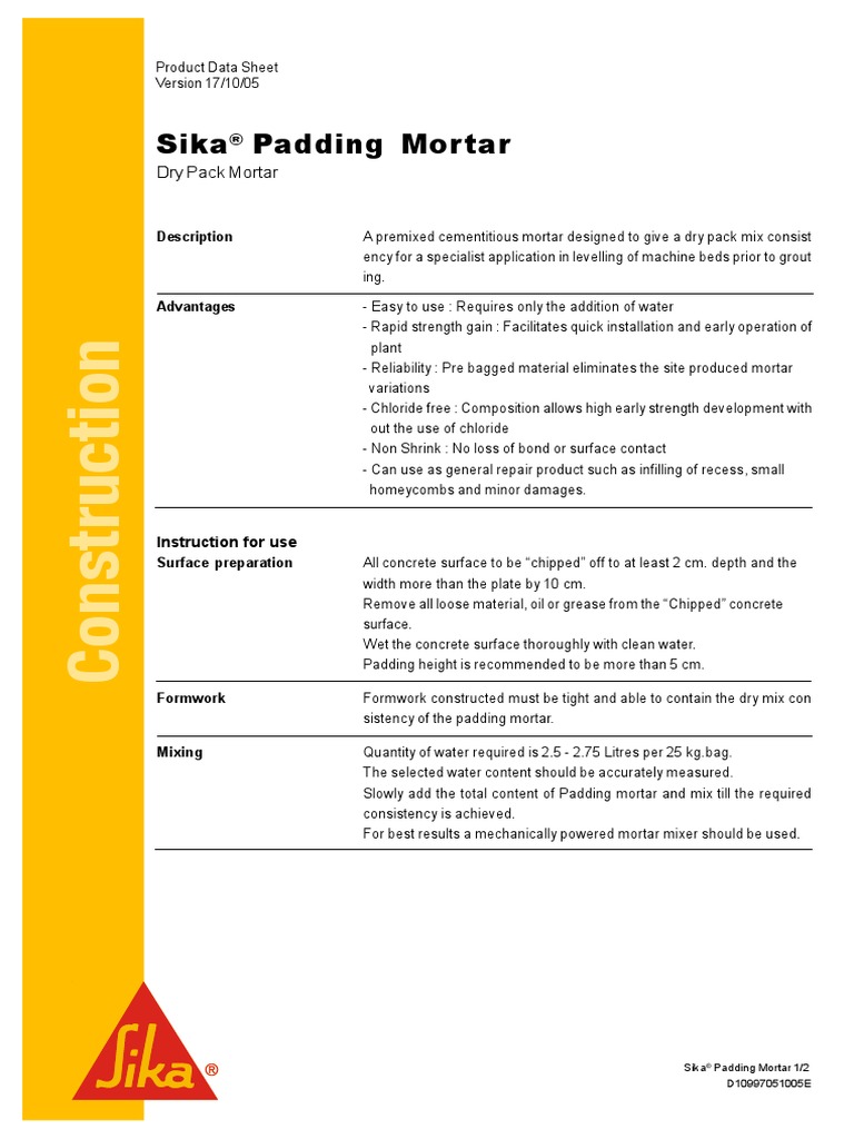 Sika PDS - E - Sika Padding Mortar | PDF | Mortar (Masonry) | Concrete