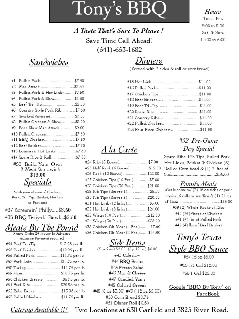 Tony's BBQ Menu: Sandwiches & Dinners | PDF