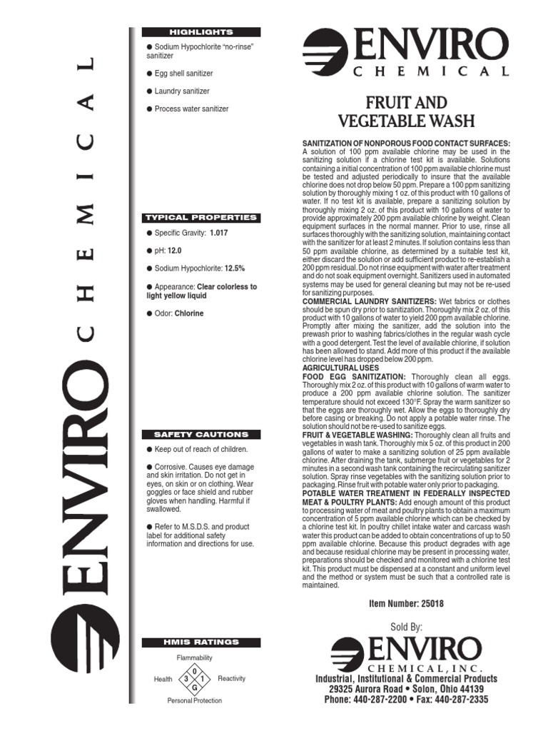 Fruit & Vegetable Wash Sanitizer PDF Chlorine Water