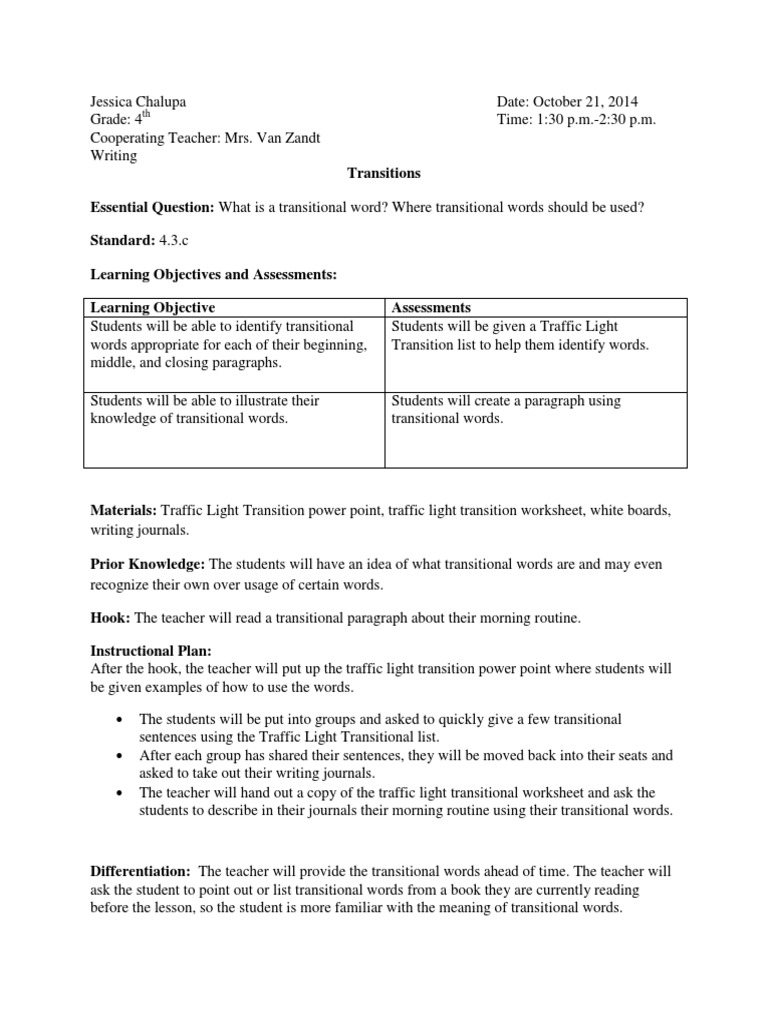 Transitional Words Lesson | PDF | Paragraph | Educational Assessment