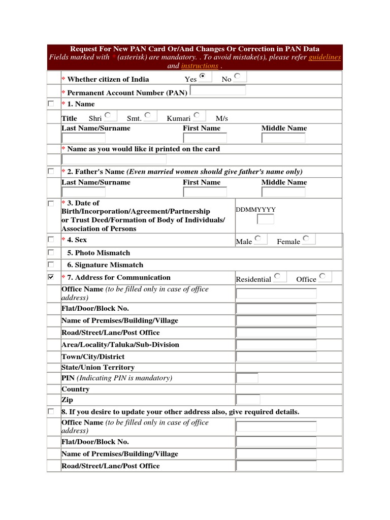 PAN Card Application & Correction Form | PDF
