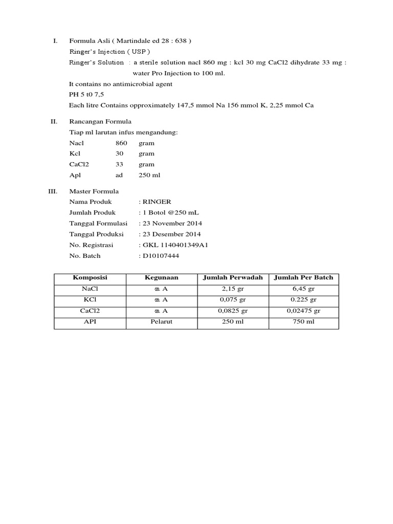 Formula Asli Ringer Infus | PDF | Sains & Matematika