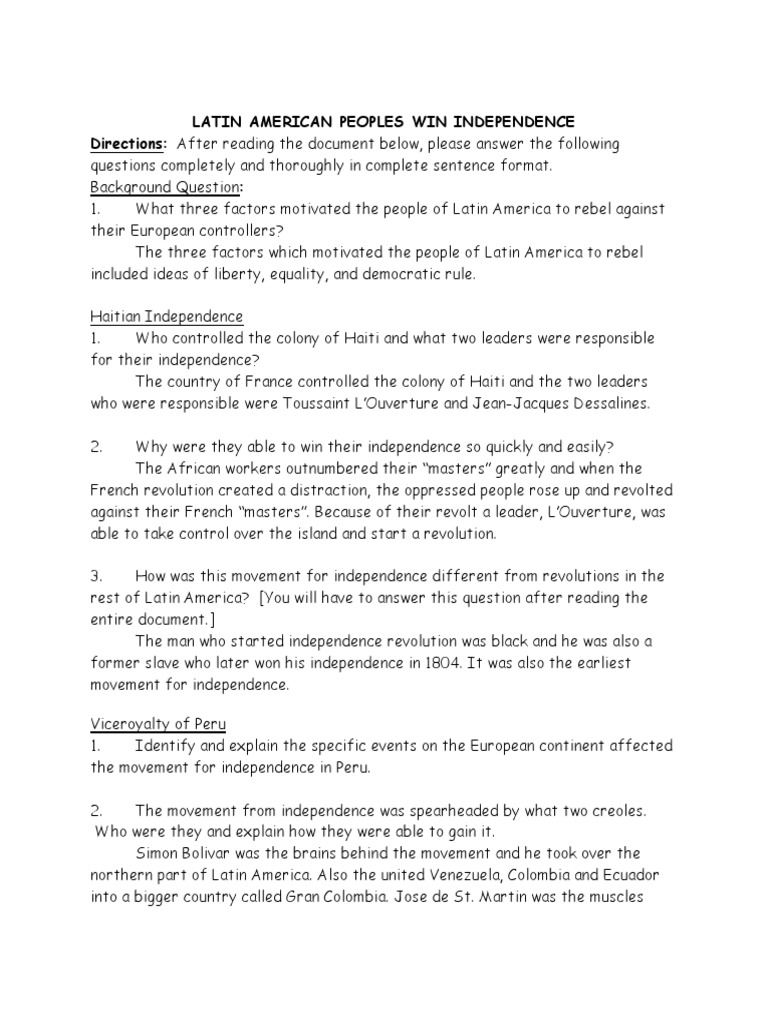 Latin American Peoples Win Independence Haiti Latin America