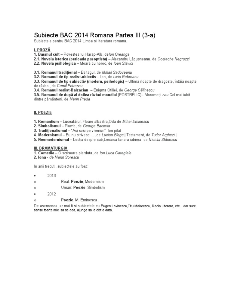Subiectul 3 Bac Romana Anii Trecuti