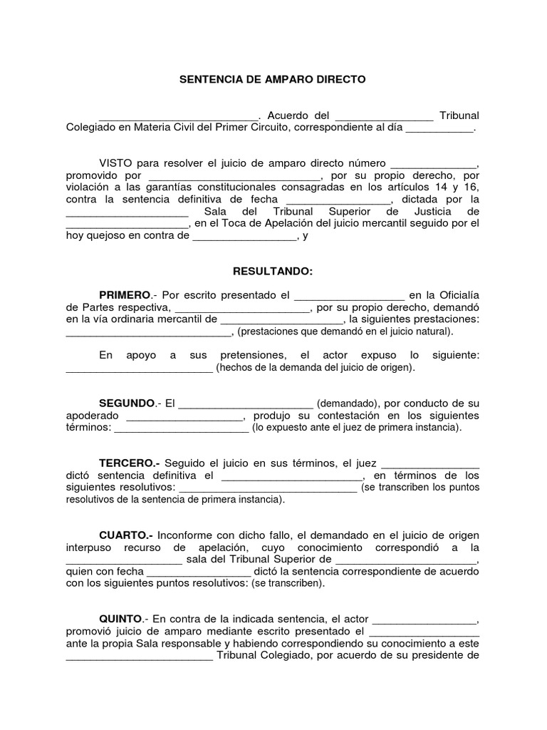Machote Sentencia de Amparo Directo | PDF | Sentencia (Ley) | Demanda  judicial