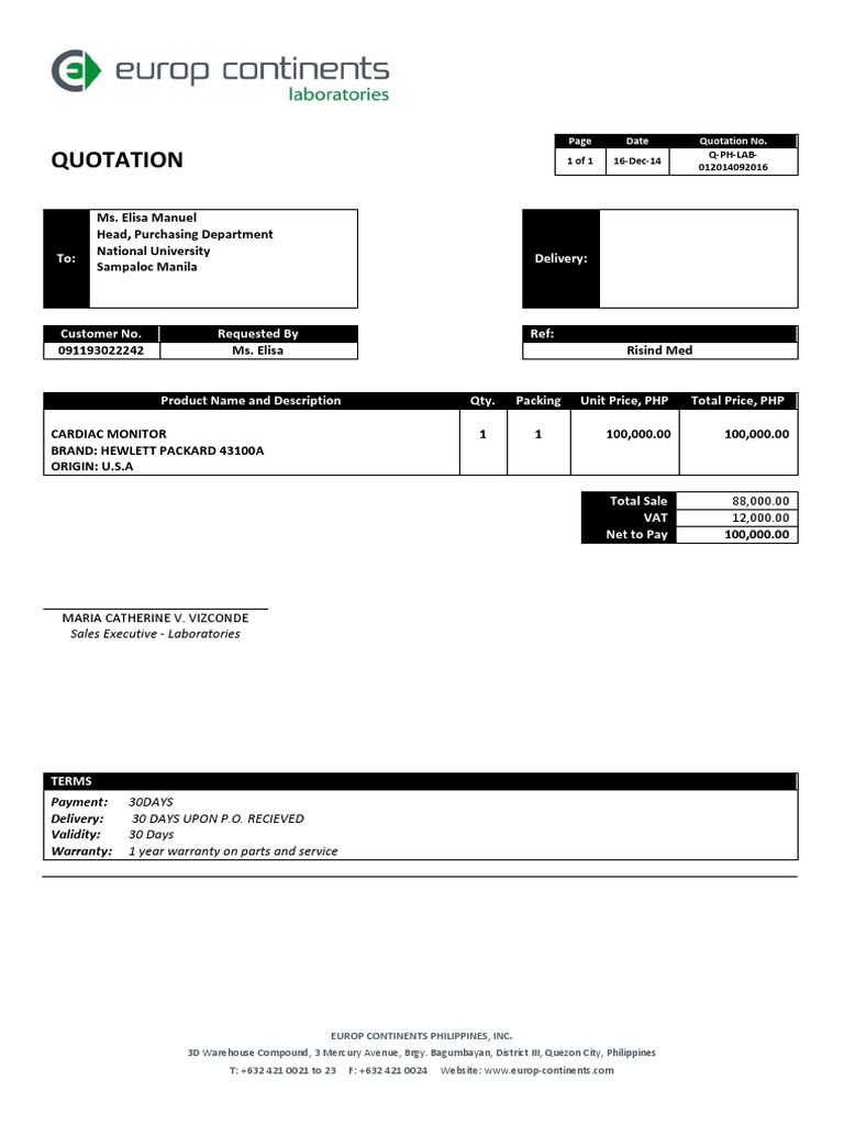 Quotation: Ms. Elisa Manuel Head, Purchasing Department National ...