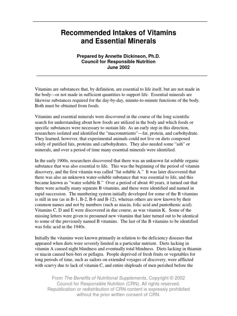 Recommended Intakes of Vitamins and Essential Minerals | PDF | Science ...