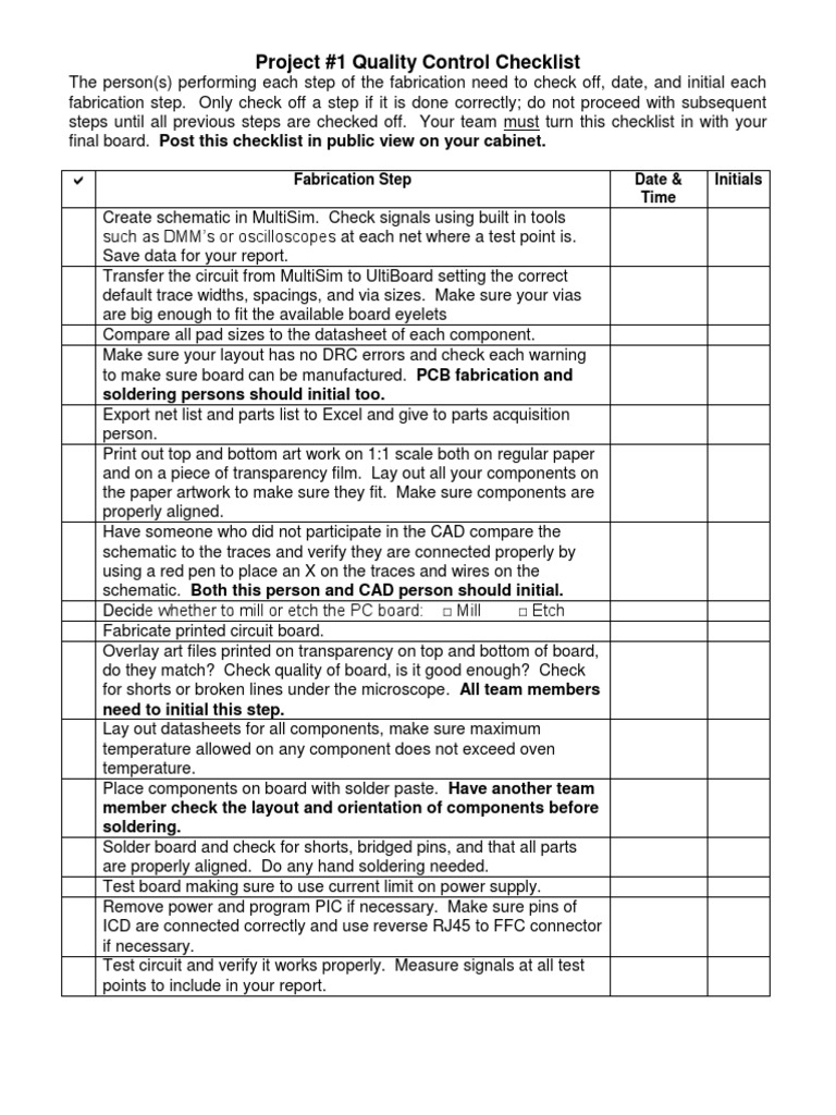 Project #1 Quality Control Checklist | PDF | Technology & Engineering