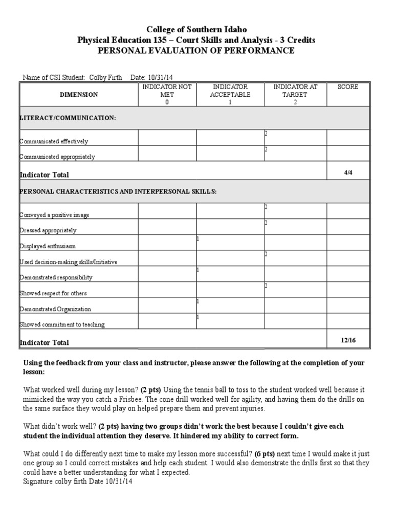 CSI Physical Education Performance Evaluation | PDF
