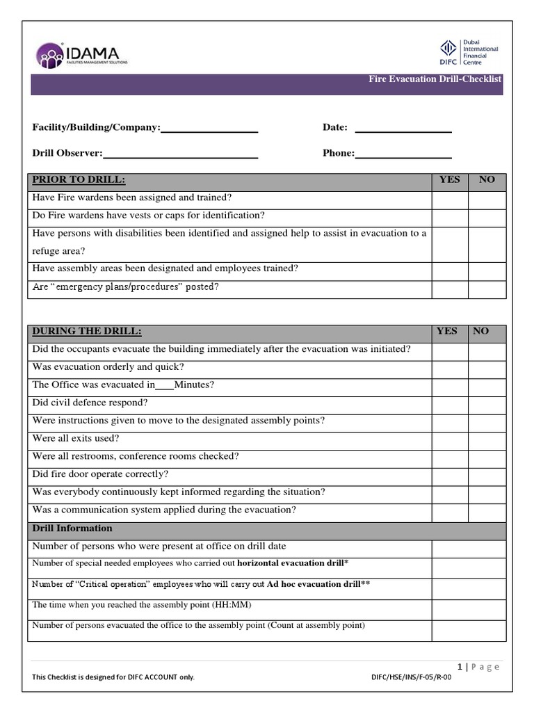 Fire Evacuation Drill Checklist  PDF  Emergency Evacuation Pertaining To Emergency Drill Report Template