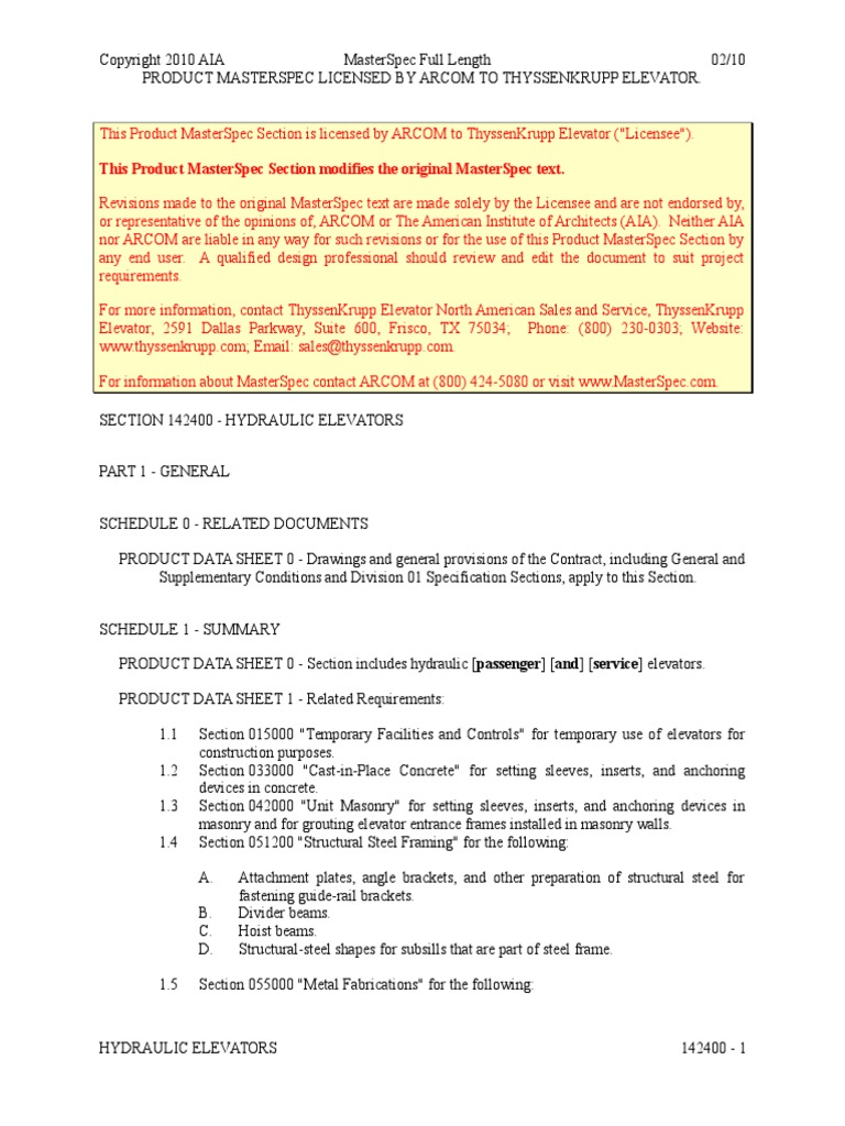 FL - Hydraulic Elevators - Thyssenkrupp | PDF | Elevator | Sheet Metal