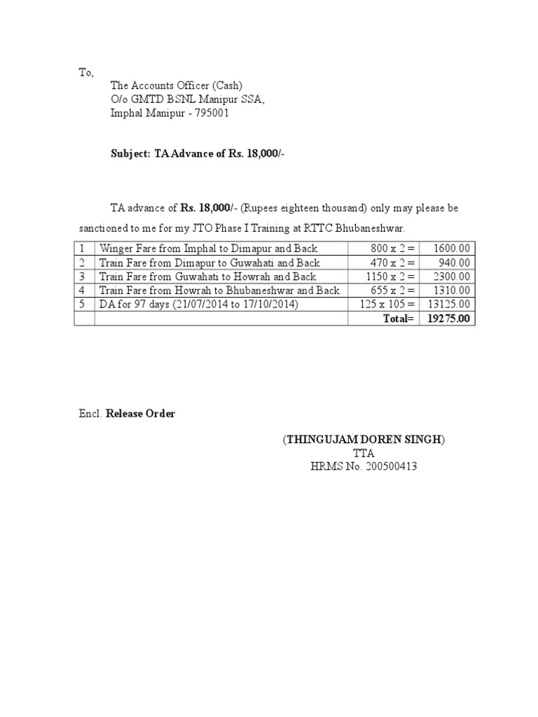 Subject: TA Advance of Rs. 18,000 | PDF | Money | Business