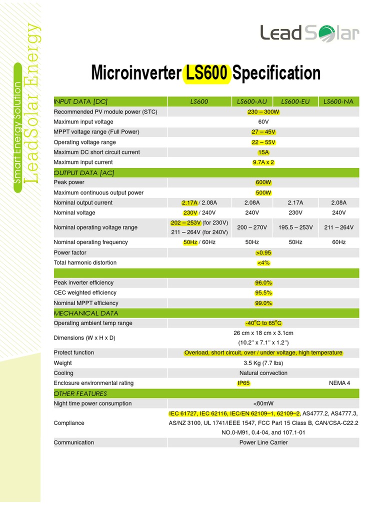 Microinverter LS600 Specification: Input Data (DC) LS600 LS600-AU LS600 ...