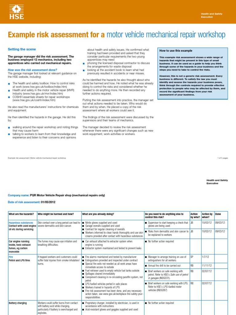 Motor Vehicle Mechanical Repair Workshop: Example Risk Assessment For A