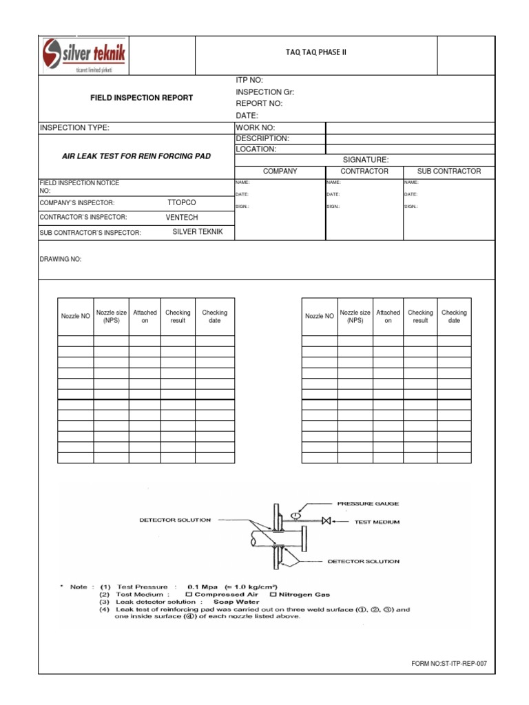 Field Inspection Report Air Leak Test For Rein Forcing Pad PDF