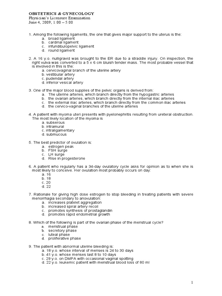 Obstetrics MCQs for Licensure Exam | PDF | Ovarian Cancer | Childbirth