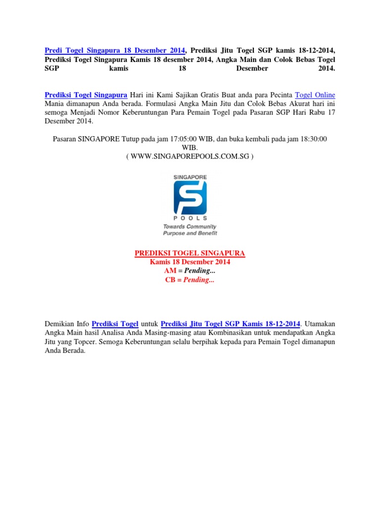 Predi Togel Singapura 18 Desember 2014