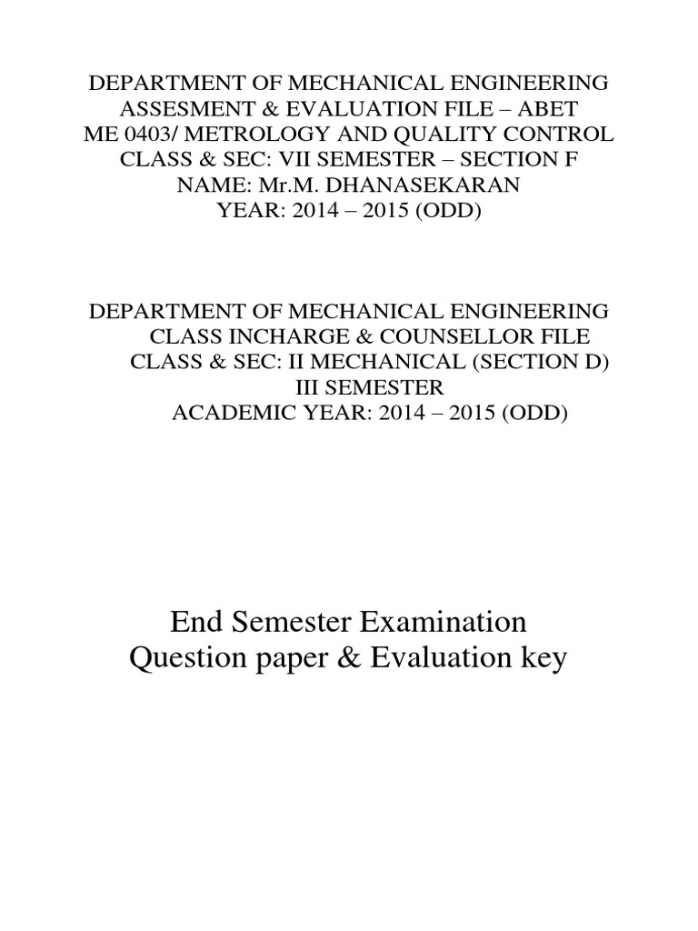 ME 0403 Metrology & Quality Control Evaluation | PDF