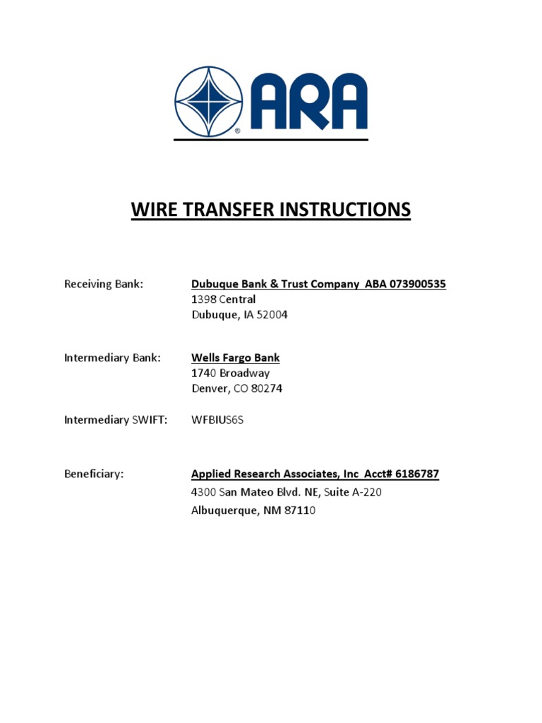 Wire Transfer Instructions: Receiving Bank: 1398 Central Dubuque, IA ...