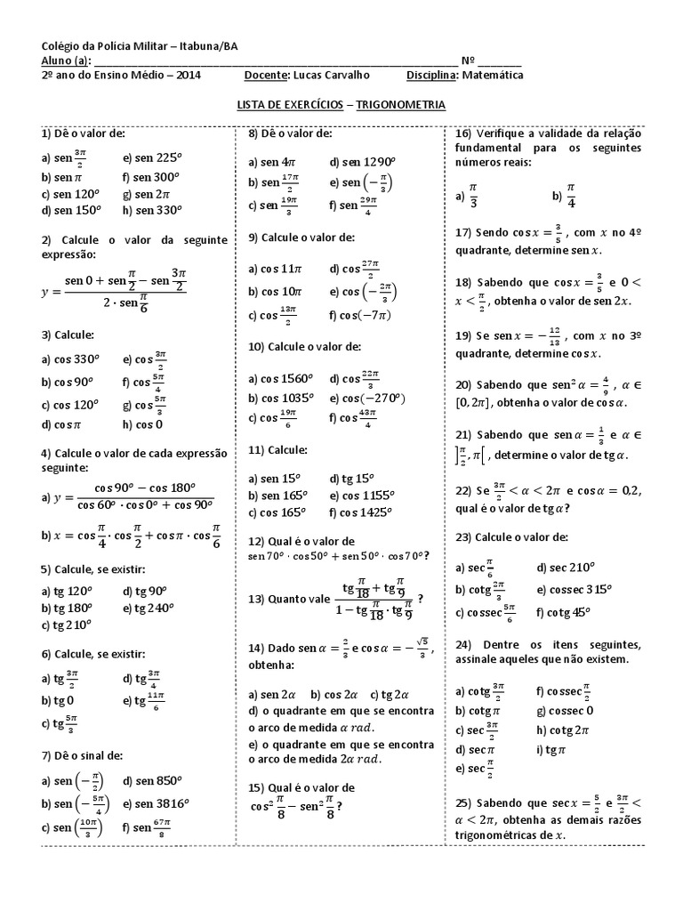 #Lista de Exercícios - Trigonometria | PDF