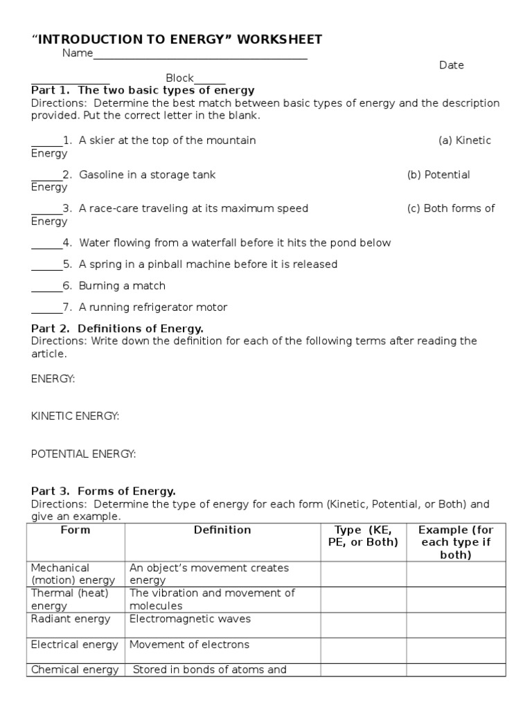 Introduction To Energy  PDF For Forms Of Energy Worksheet Answers