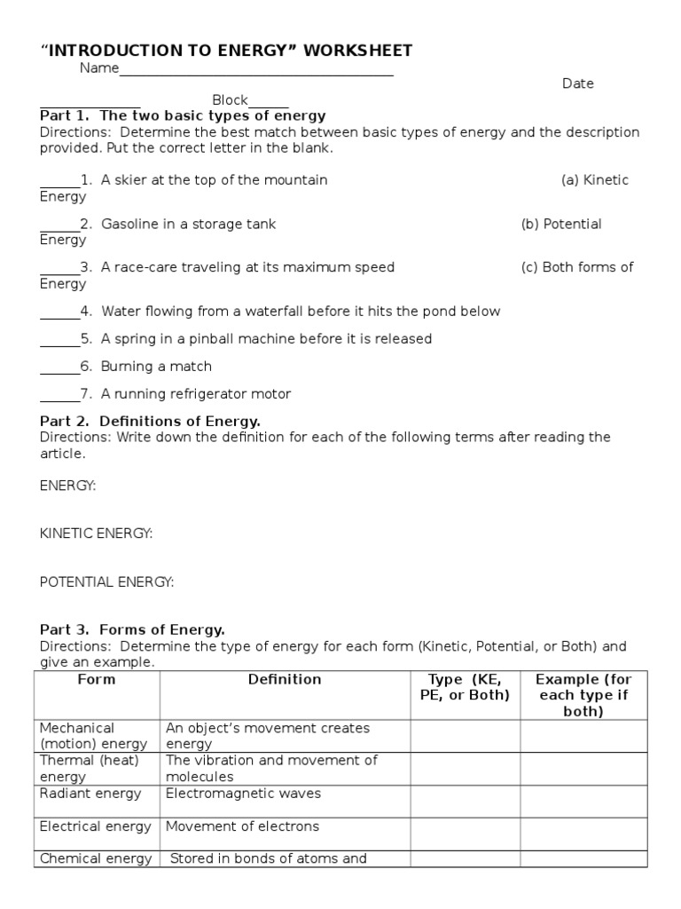 Introduction To Energy  PDF Intended For Introduction To Energy Worksheet