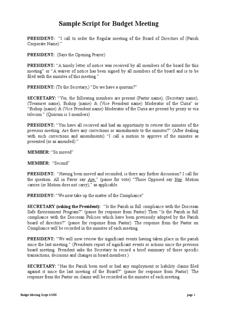 Budget Meeting Script Template | PDF | Agenda (Meeting) | Board Of ...