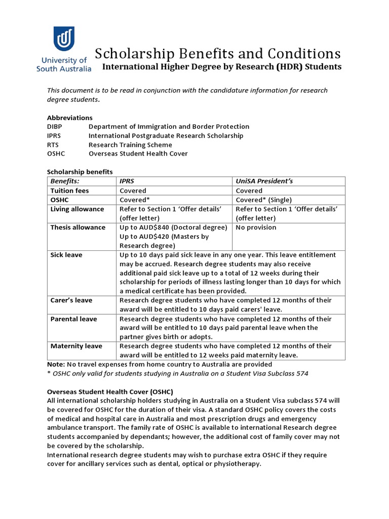 Scholarship Benefits and Conditions: International Higher Degree by ...