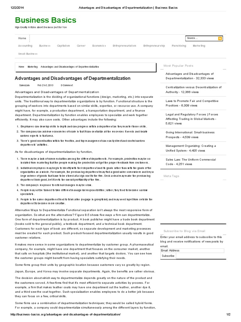 Advantages And Disadvantages Of Departmentalization Business Basics