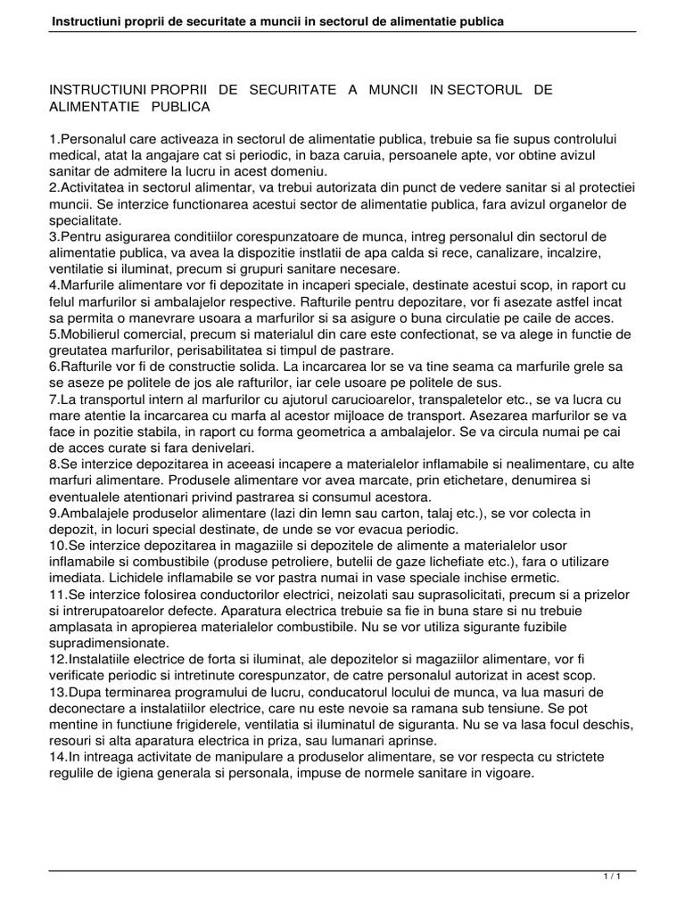 Instructiuni Proprii de Securitate A Muncii in Sectorul de Alimentatie ...