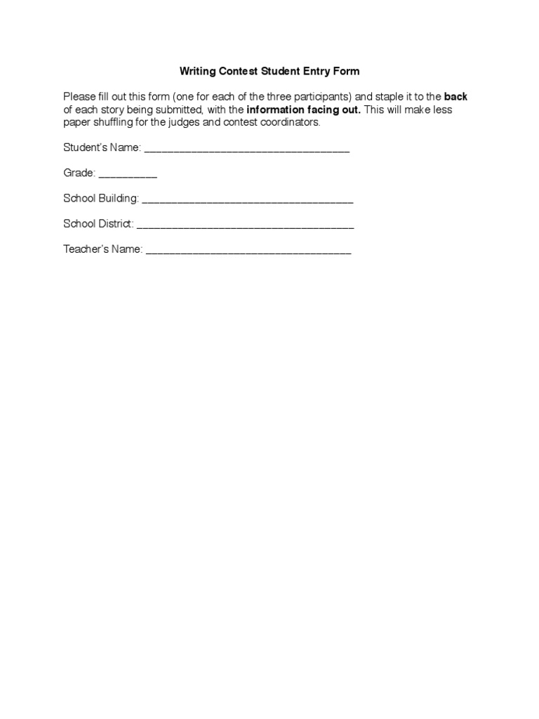 Writing Contest Entry Form | PDF | Career & Growth