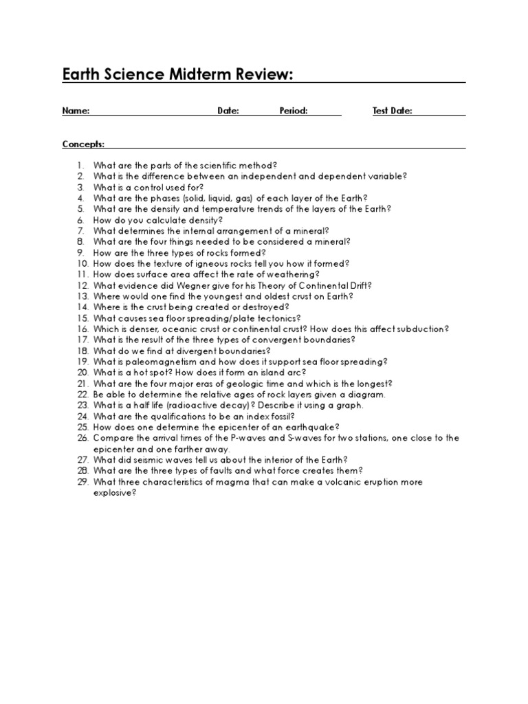 Earth Science Midterm Study Guide | PDF | Rock (Geology) | Crust (Geology)