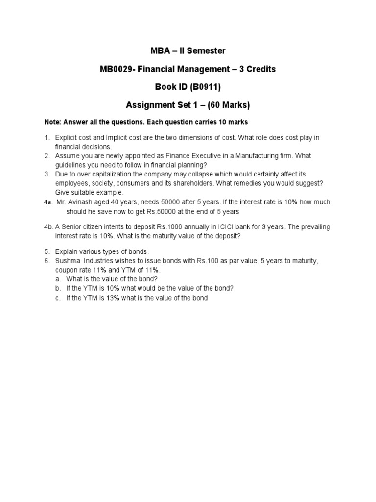 MBA Financial Management Assignment Guide | PDF | Financial Economics ...