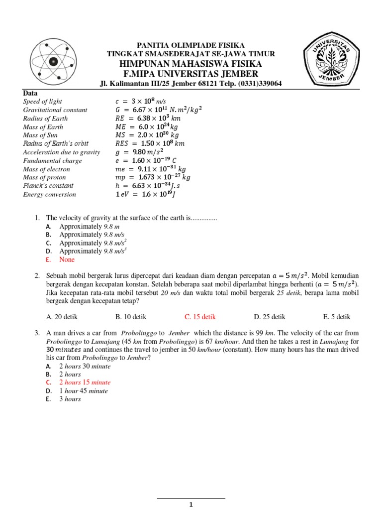 Soal Olimpiade Fisika Tingkat SMA SeJawa Timur