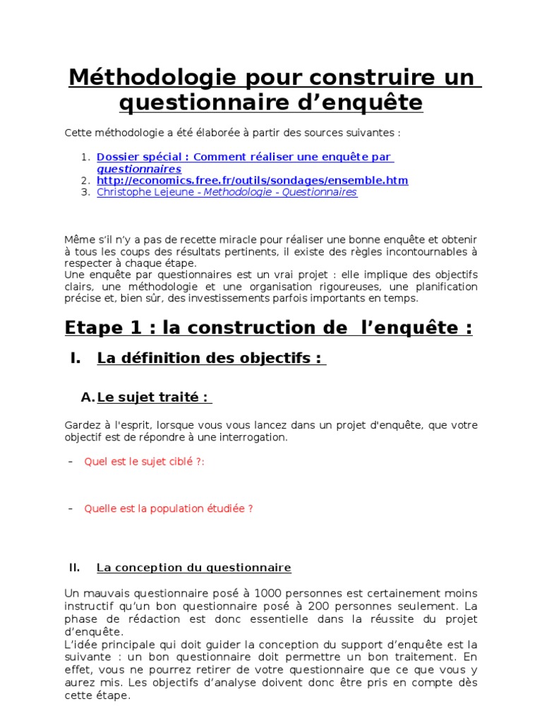 Methodologie Pour Construire Le Questionnaire D Enquete Pdf