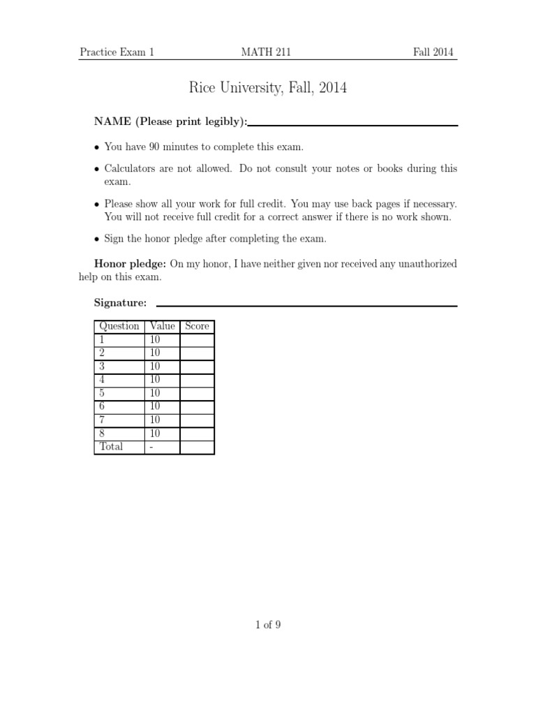 MATH 211 Practice Exam 1 | PDF | Differential Calculus | Analysis