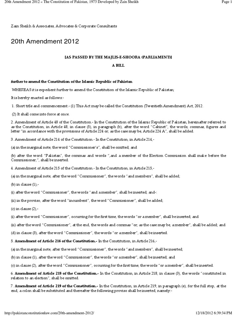 20th Amendment 2012 The Constitution of Pakistan, 1973 Developed by ...