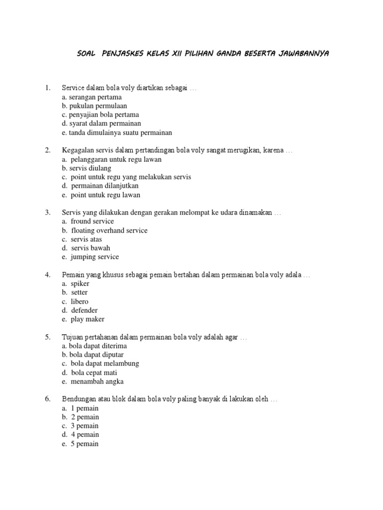  Soal  Penjaskes Kelas Xii Pilihan  Ganda  Beserta  Jawabannya 